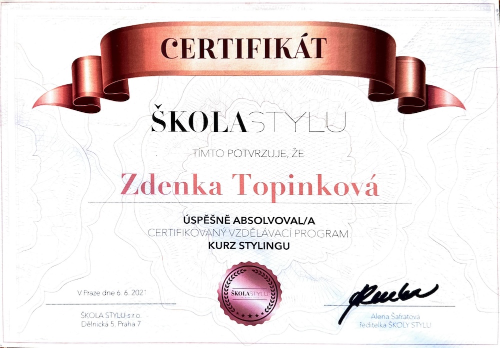 Certifikát - Kurz stylingu - Alenka Šafratová